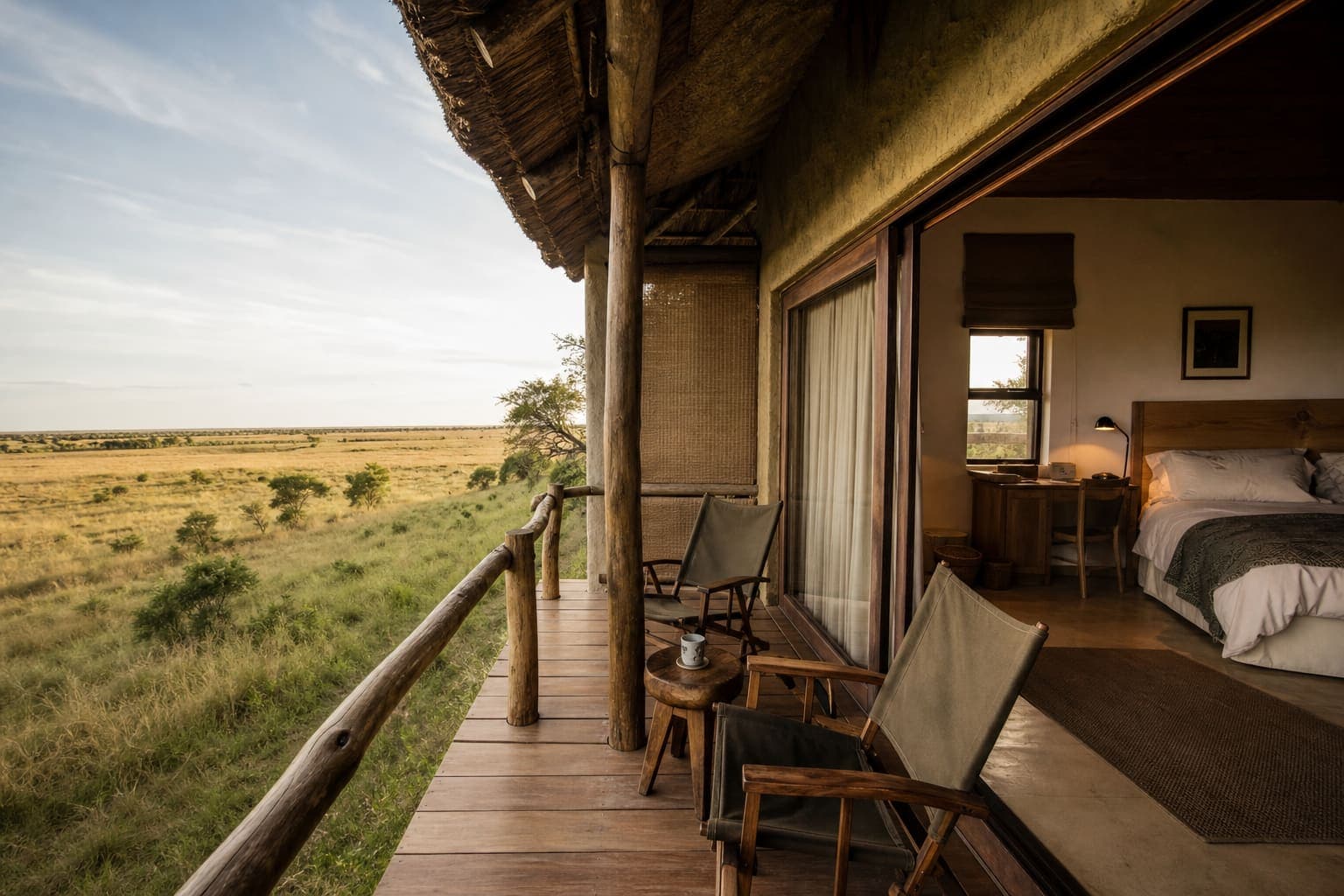 Lodge rooms and veranda overlooking open grassland